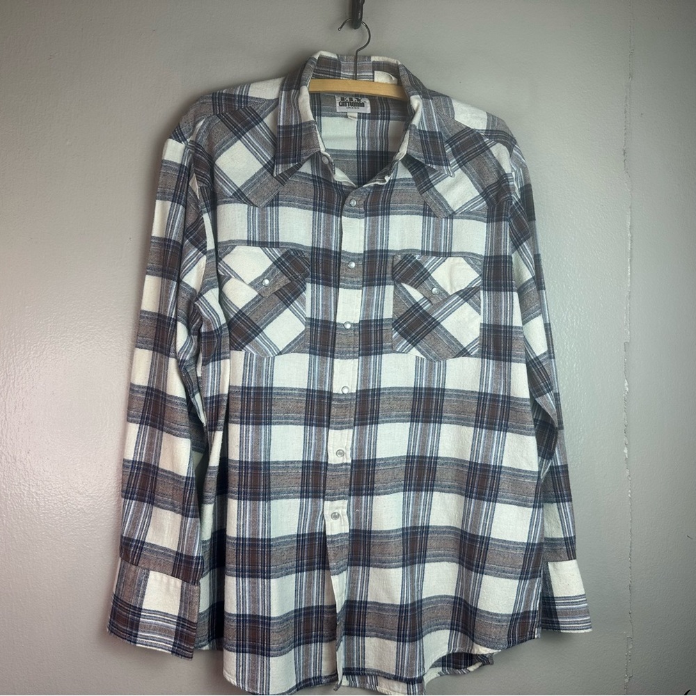 Ely Cattleman Mens Flannel Long Sleeve Plaid Western Snap Shirt Sz L